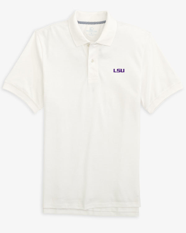The front view of the LSU Tigers Skipjack Polo by Southern Tide - Classic White