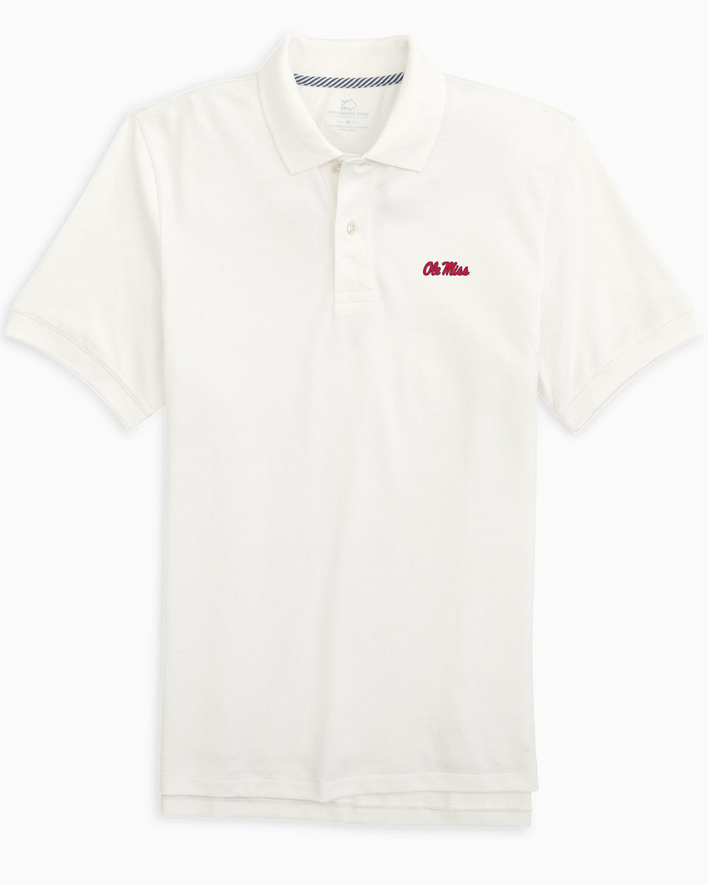 The front view of the Ole Miss New Short Sleeve Skipjack Polo by Southern Tide - Classic White