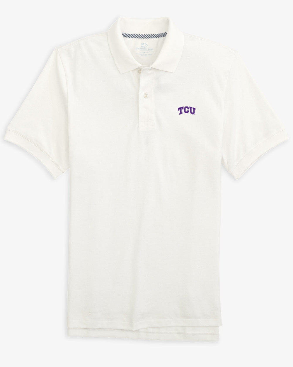 The front view of the Texas Christian Horned Frogs Skipjack Polo by Southern Tide - Classic White