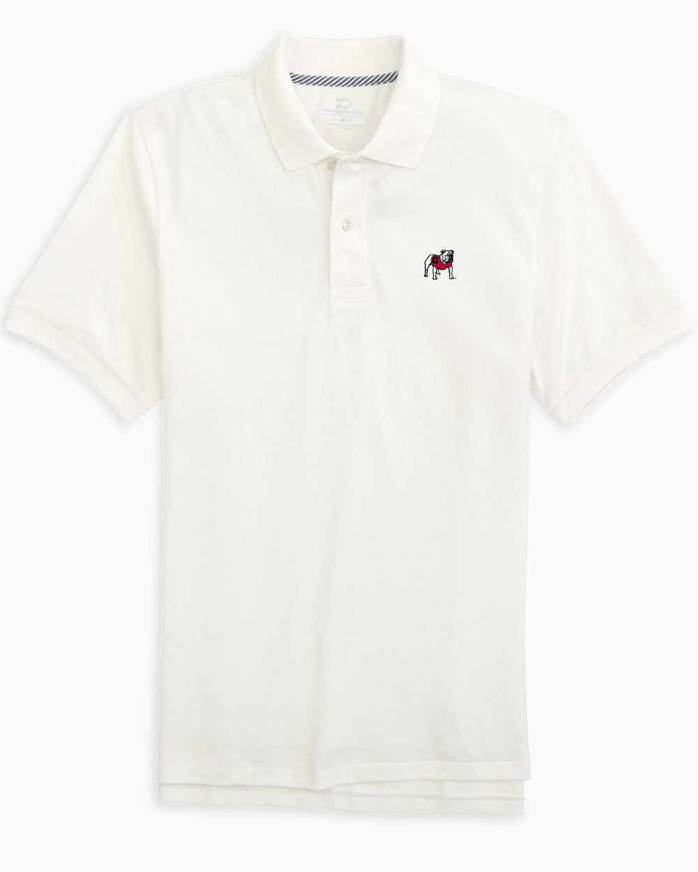 The front view of the Georgia Bulldogs New Short Sleeve Skipjack Polo by Southern Tide - Classic White