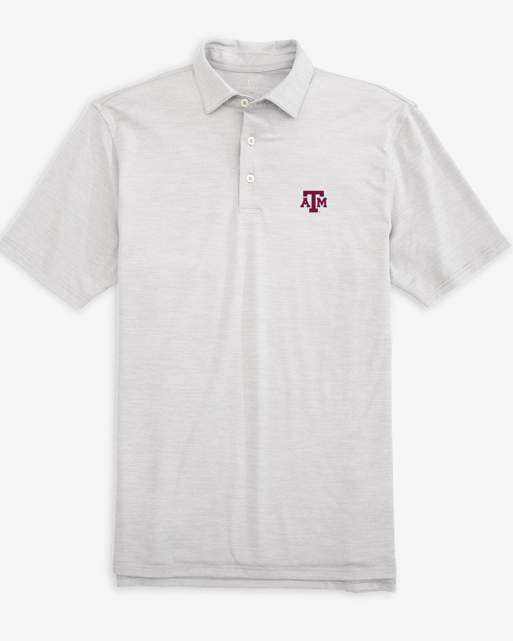 The front view of the Texas A&M Aggies Driver Spacedye Polo Shirt by Southern Tide - Slate Grey