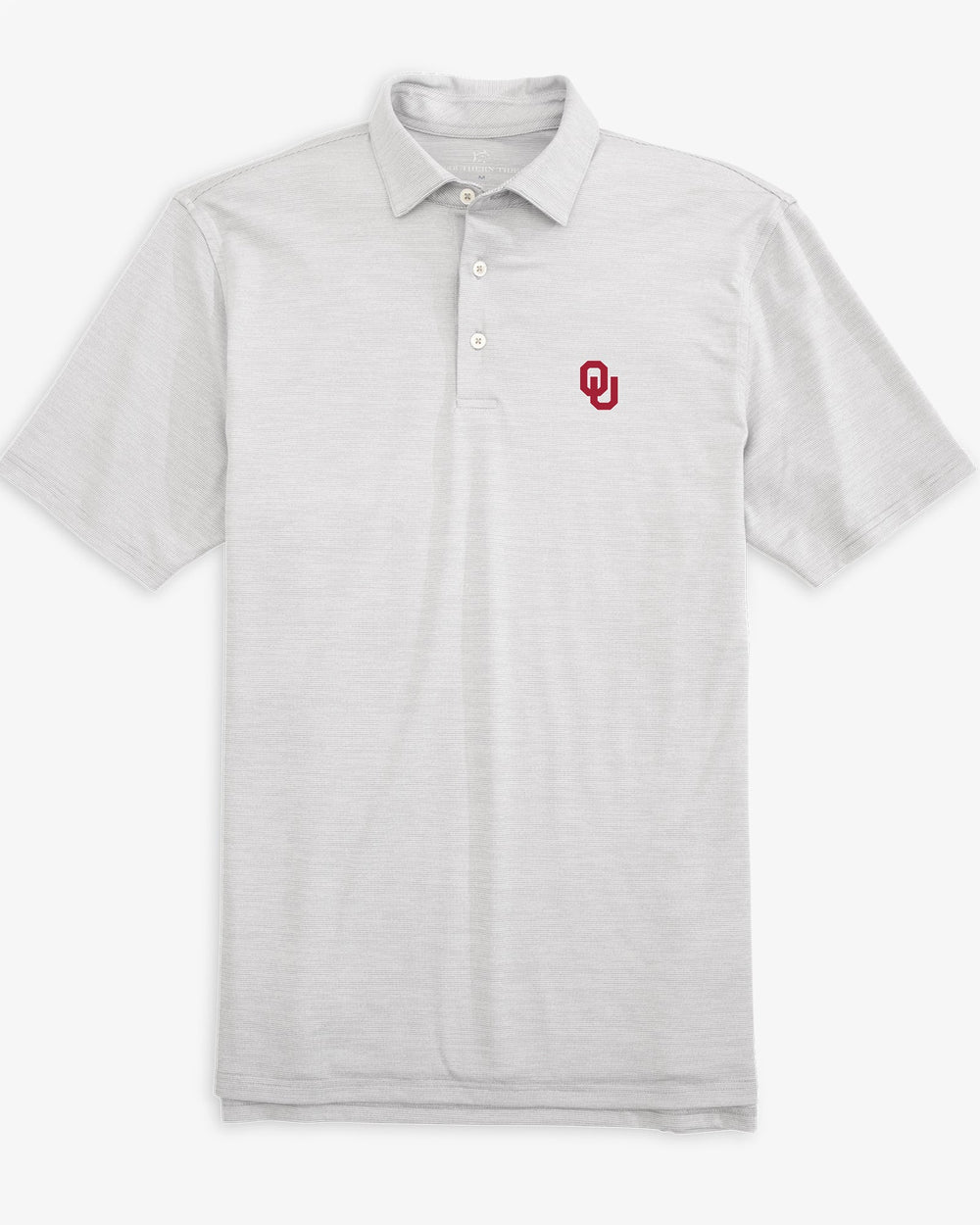 The front view of the Oklahoma Sooners Driver Spacedye Polo Shirt by Southern Tide - Slate Grey