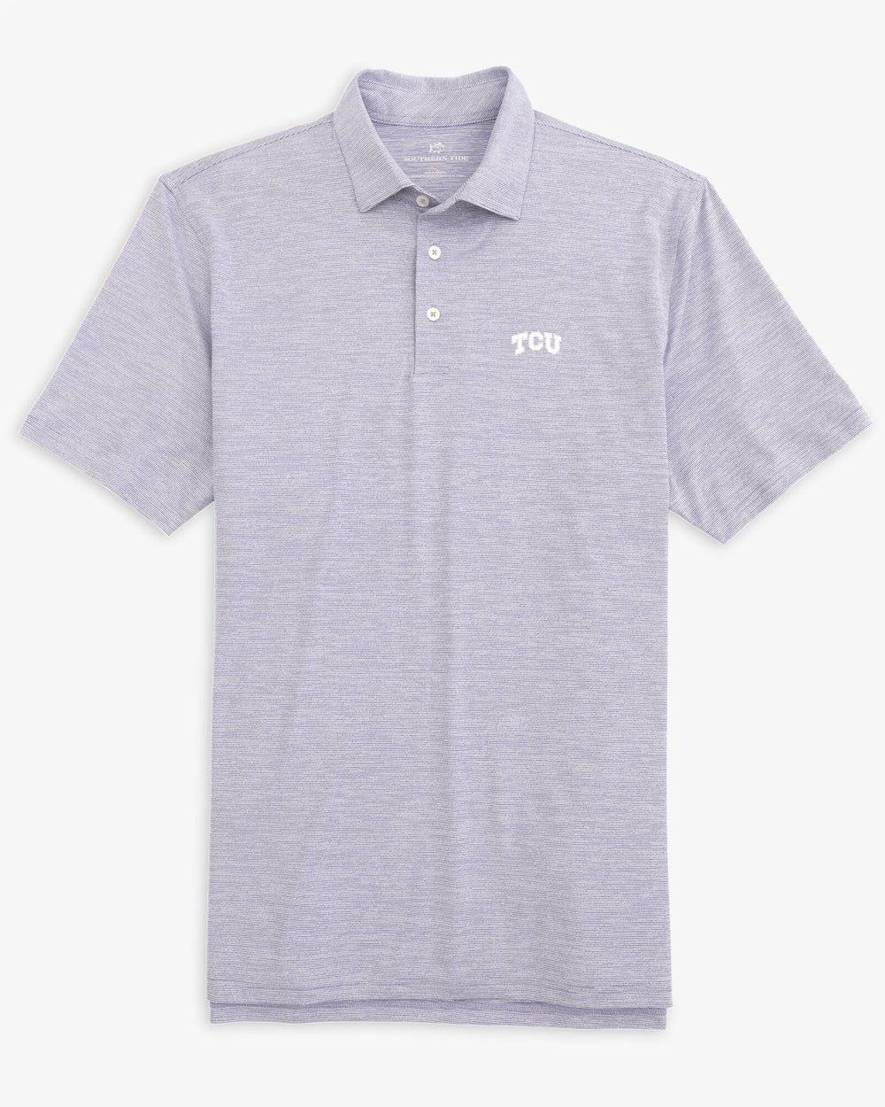 The front view of the TCU Horned Frogs Driver Spacedye Polo Shirt by Southern Tide - Regal Purple