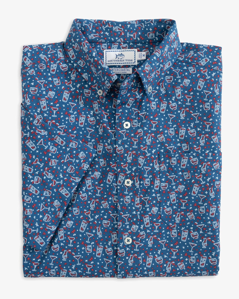 The folded view of the Men's Let the Party Be-Gin Short Sleeve Button Down Shirt by Southern Tide - Deep Water