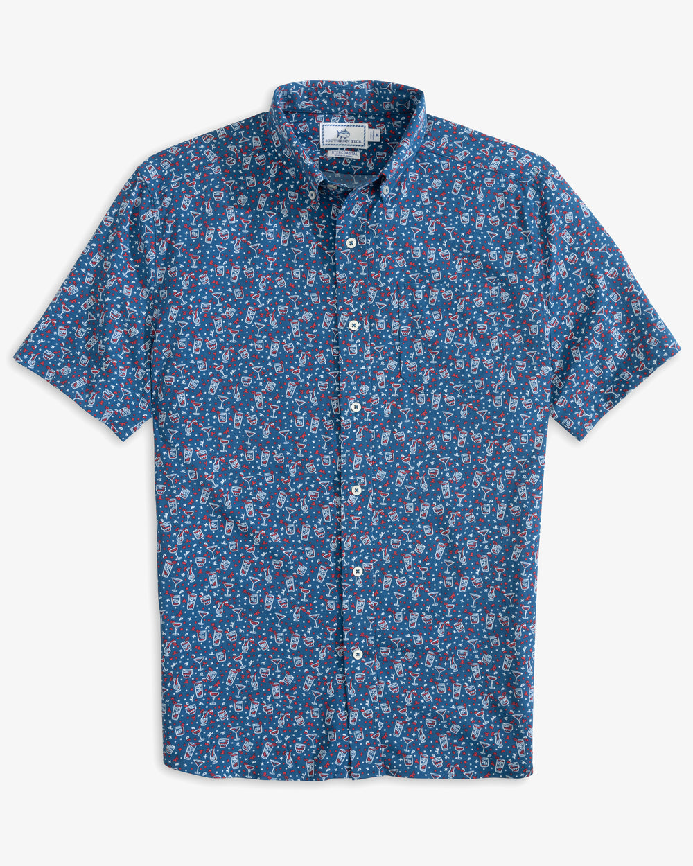 The front view of the Men's Let the Party Be-Gin Short Sleeve Button Down Shirt by Southern Tide - Deep Water