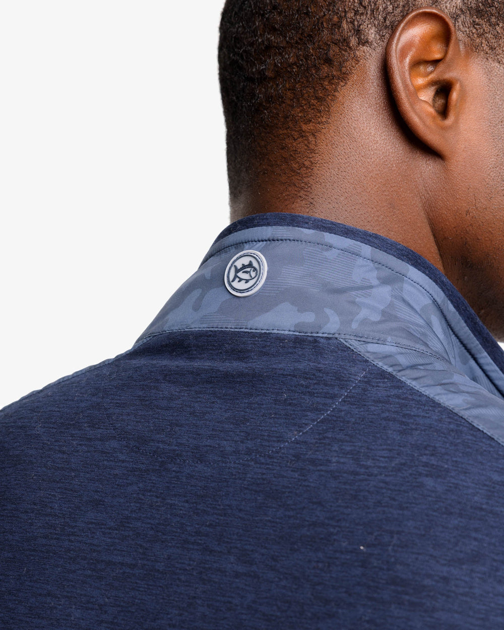 The back detail view of the Abercorn Camo Performance Vest by Southern Tide - True Navy