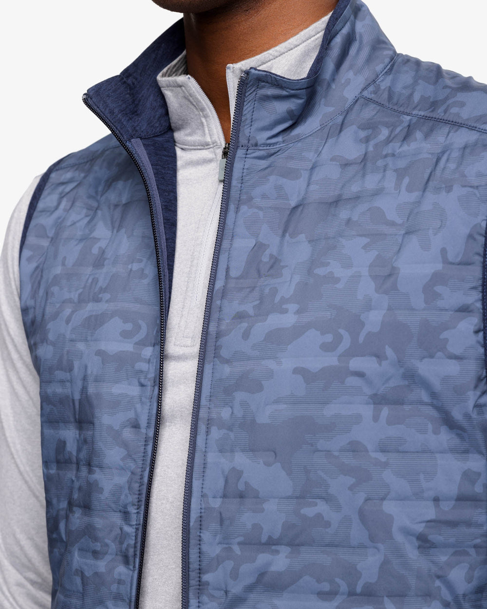 The front detail view of the Abercorn Camo Performance Vest by Southern Tide - True Navy