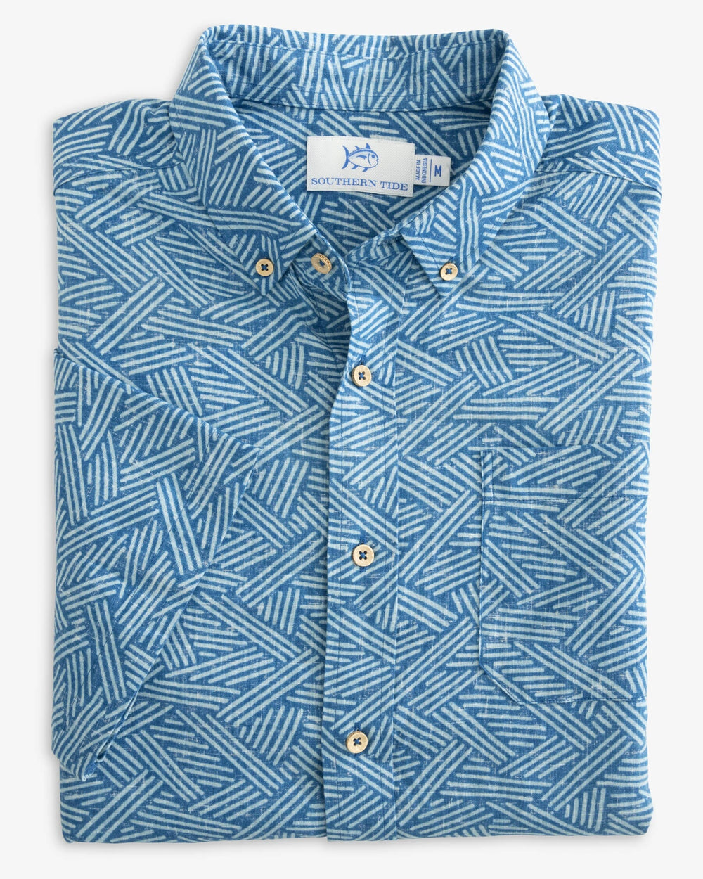 The fold view of the Southern Tide Abstract Scribble Short Sleeve Button Down Shirt by Southern Tide - Atlantic Blue