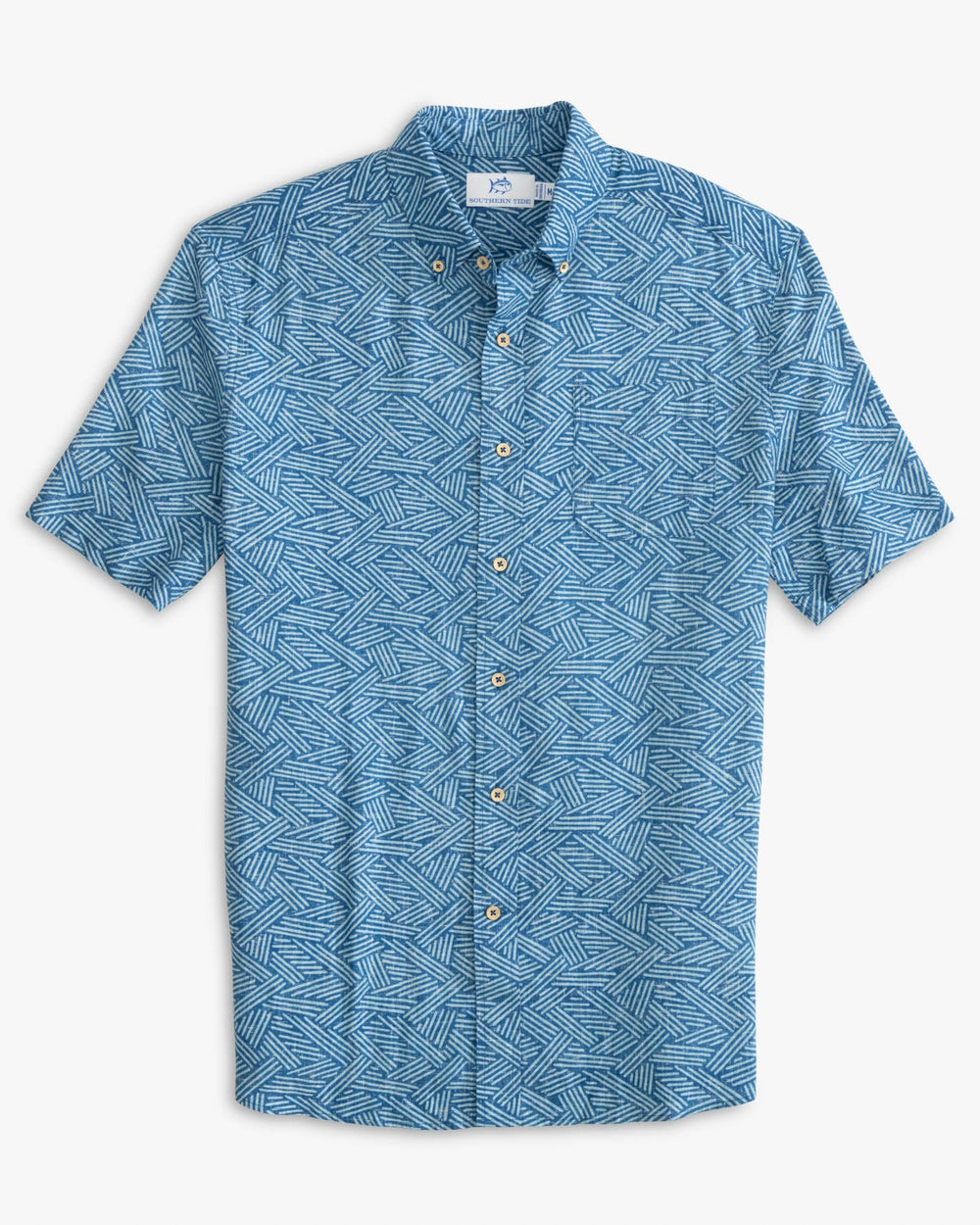 The front view of the Southern Tide Abstract Scribble Short Sleeve Button Down Shirt by Southern Tide - Atlantic Blue