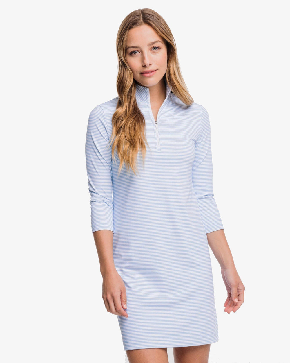 The front view of the Adie Stripe Performance Dress by Southern Tide - Sky Blue