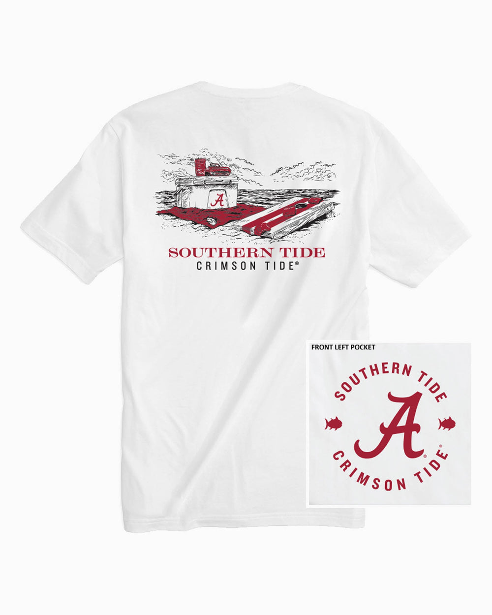 The front of the Alabama Crimson Tide Beach Cornhole T-Shirt - Classic White