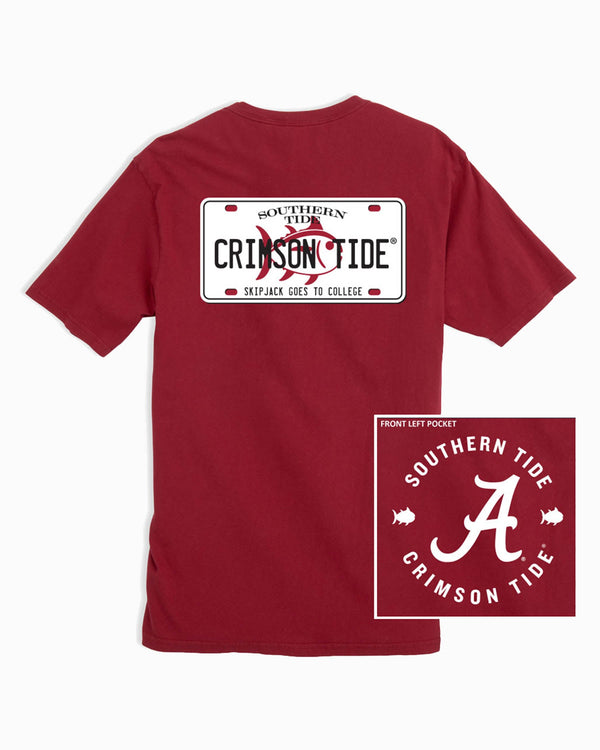 The front and back of the Alabama Crimson Tide License Plate T-Shirt by Southern Tide - Crimson