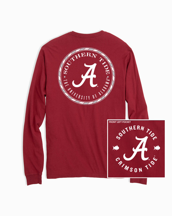 The front and back of the Alabama Crimson Tide Long Sleeve Medallion Logo T-Shirt by Southern Tide - Crimson