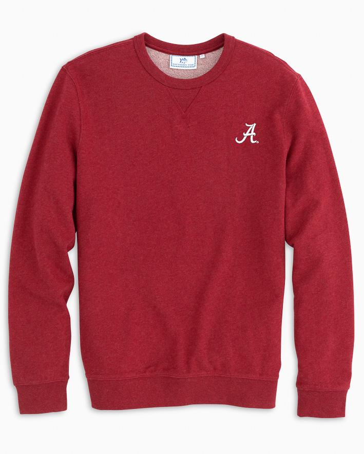 The front view of the Men's Red Alabama Upper Deck Pullover Sweatshirt by Southern Tide - Heather Crimson