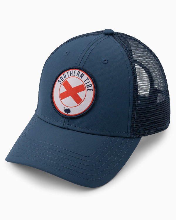 The front view of the Men's Alabama Patch Performance Trucker Hat by Southern Tide - Seven Seas Blue