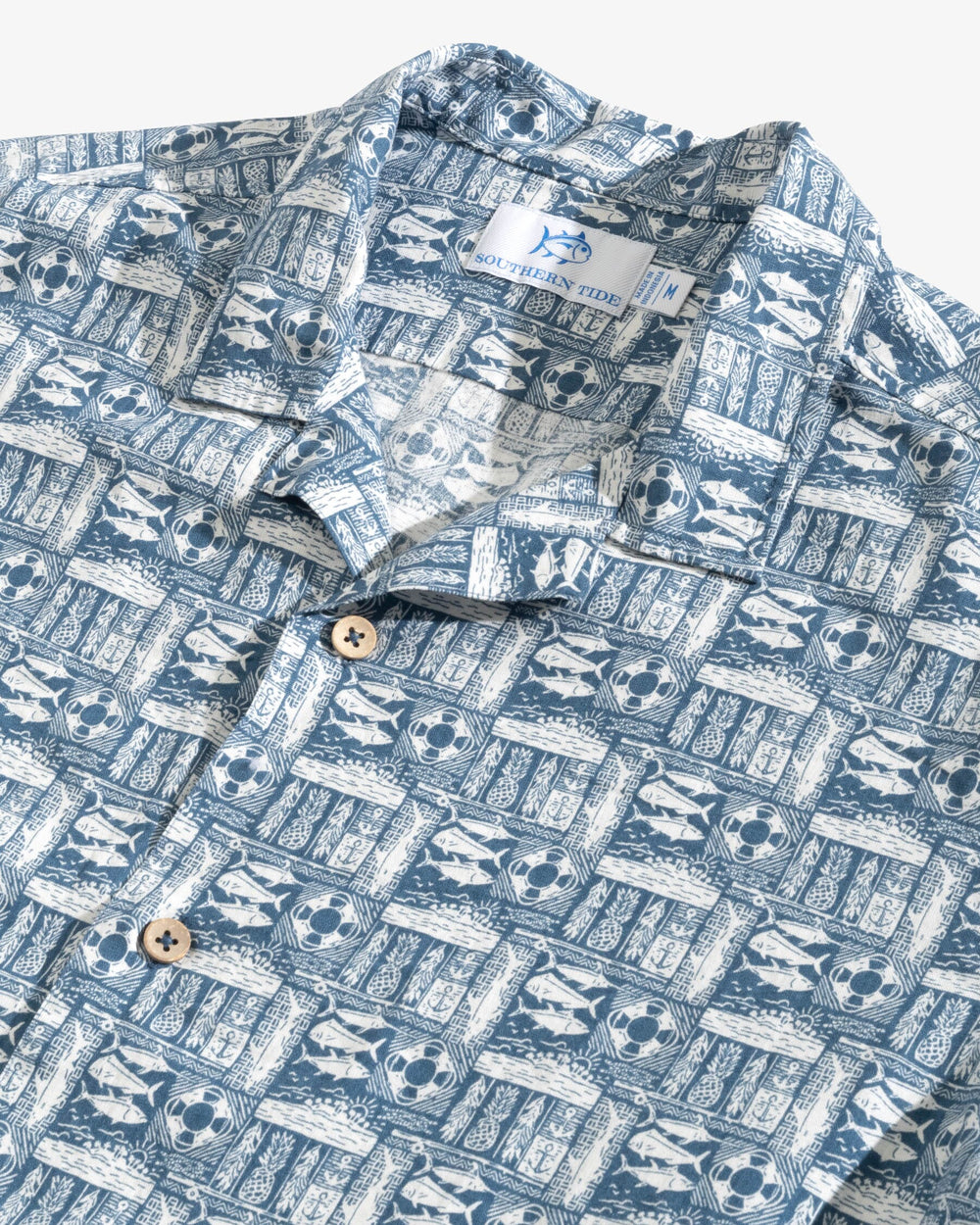 The detail view of the Southern Tide All Inclusive Camp Short Sleeve Button Down Sport Shirt by Southern Tide - Aged Denim