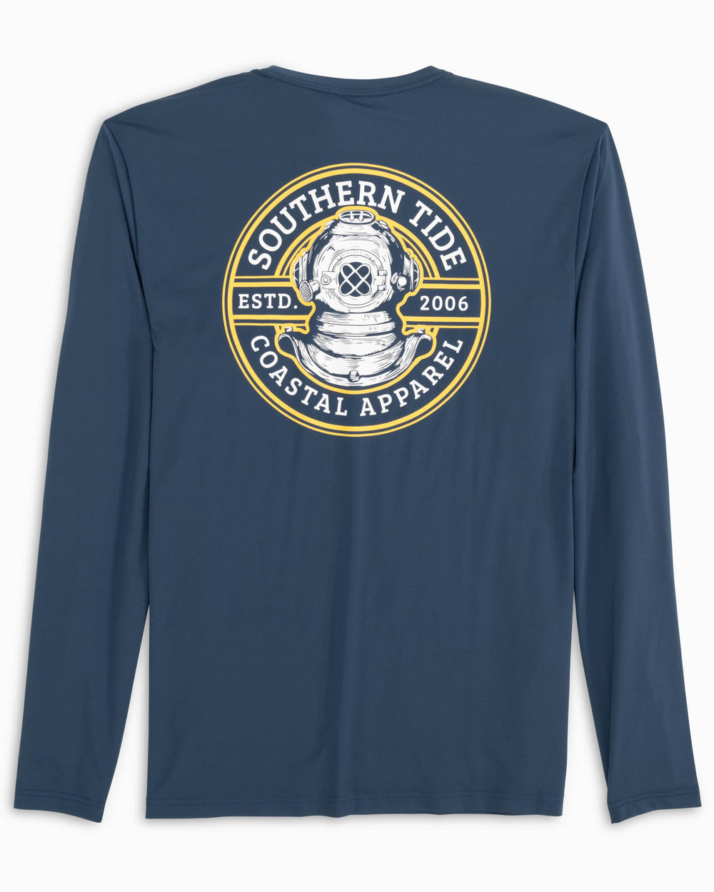 The back view of the Antique Driving Helmet Performance Long Sleeve T-Shirt by Southern Tide - Dark Denim