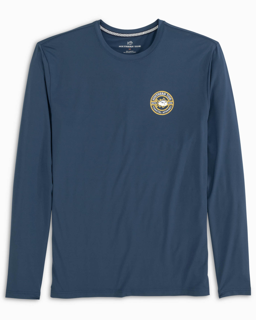 The front view of the Antique Driving Helmet Performance Long Sleeve T-Shirt by Southern Tide - Dark Denim