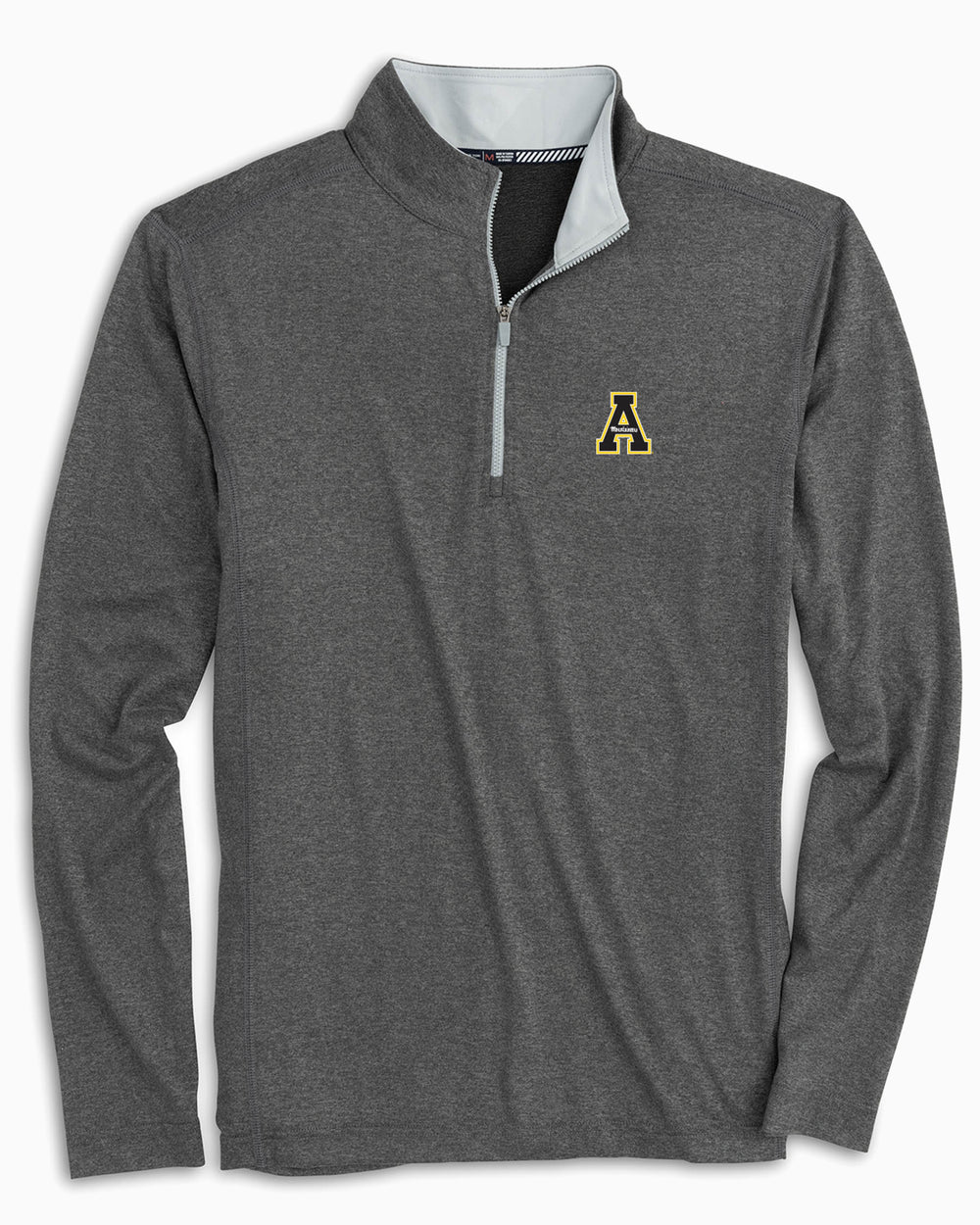 The front of the App State Mountaineers Flanker Quarter Zip Pullover by Southern Tide - Heather Polarized Grey