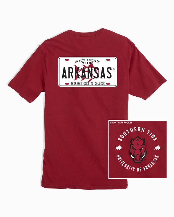 The front and back of the Arkansas Razorbacks License Plate T-Shirt by Southern Tide - Crimson