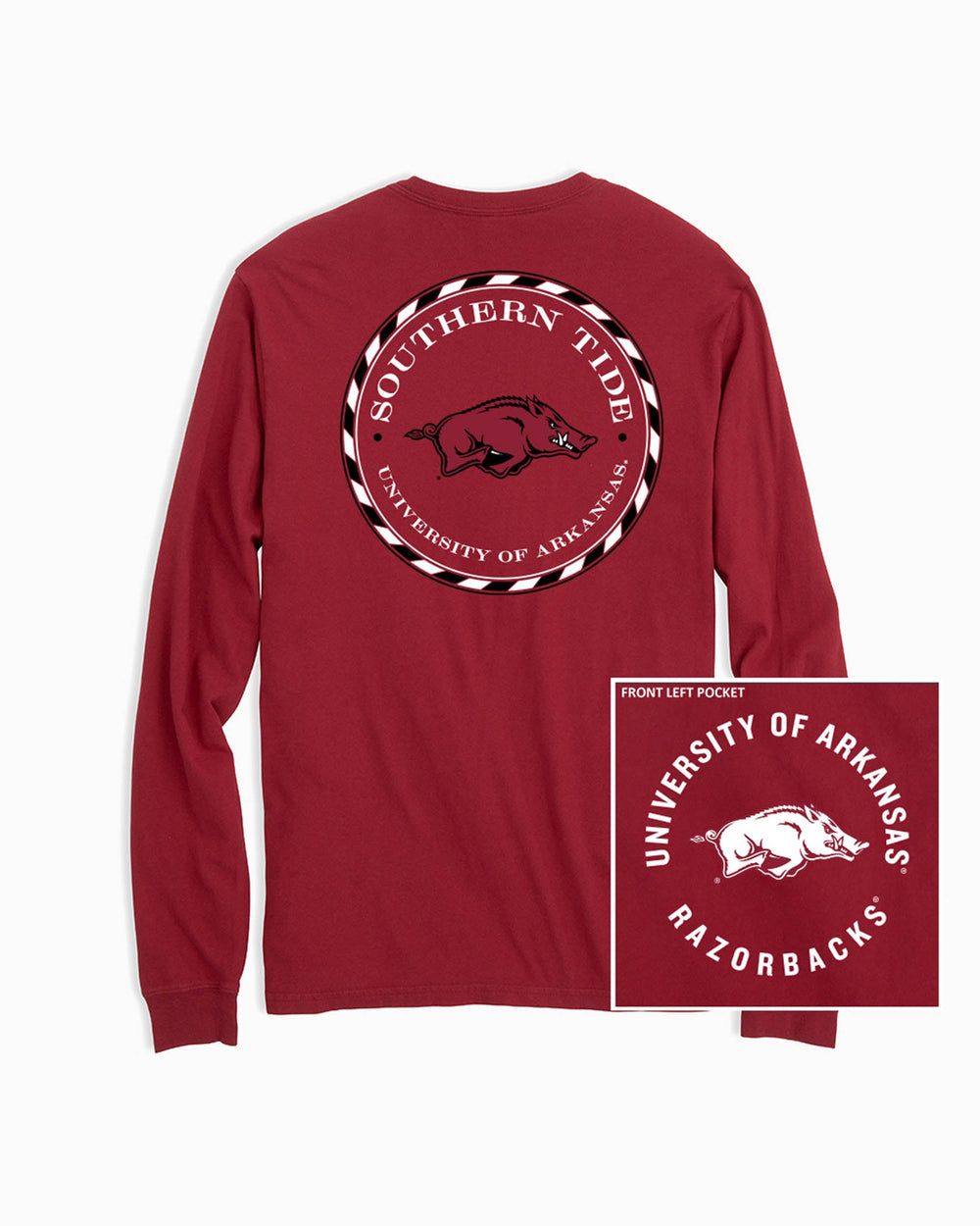 The front and back of the Arkansas Razorbacks Long Sleeve Medallion Logo T-Shirt by Southern Tide - Crimson