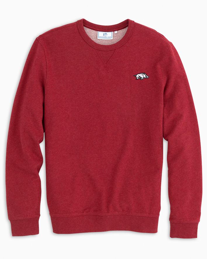 The front view of the Men's Red Arkansas Upper Deck Pullover Sweatshirt by Southern Tide - Heather Crimson