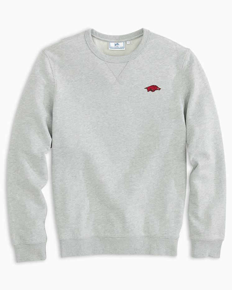 The front view of the Men's Grey Arkansas Upper Deck Pullover Sweatshirt by Southern Tide - Heather Slate Grey