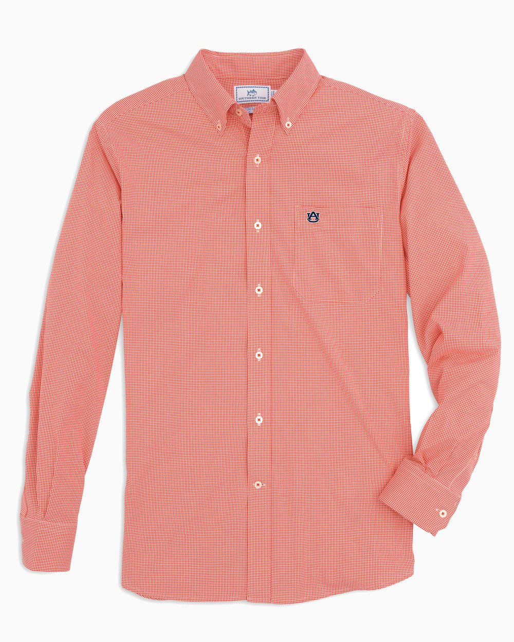 The front view of the Men's Orange Auburn Tigers Gingham Button Down Shirt by Southern Tide - Endzone Orange