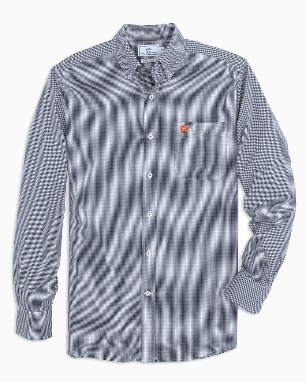 The front view of the Men's Navy Auburn Tigers Gingham Button Down Shirt by Southern Tide - Navy