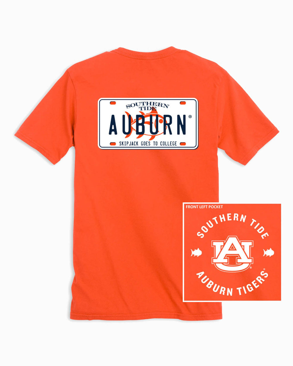 The front and back of the Auburn Tigers License Plate T-Shirt by Southern Tide - Endzone Orange