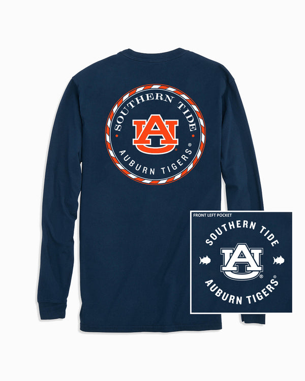 The front and back of the Auburn Tigers Long Sleeve Medallion Logo T-Shirt by Southern Tide - Navy