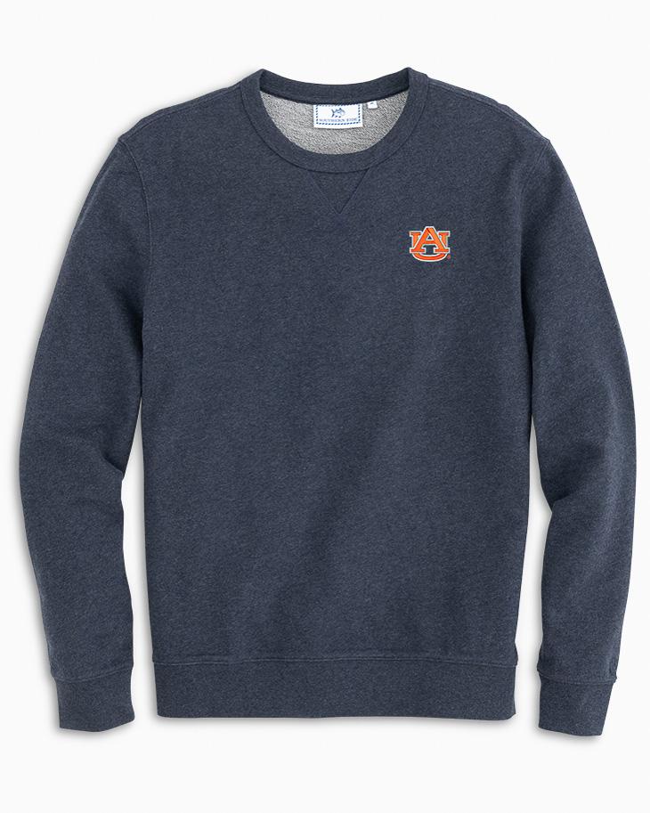 The front view of the Auburn Upper Deck Pullover Sweatshirt by Southern Tide - Heather Navy