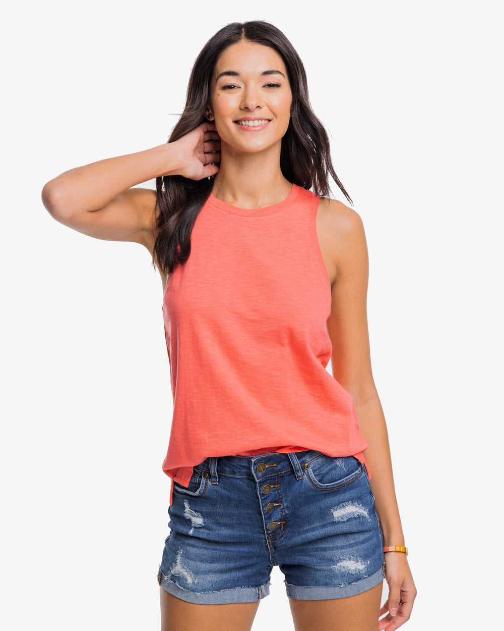The front view of the Southern Tide Avah Sun Farer Tank by Southern Tide - Sunkist Coral