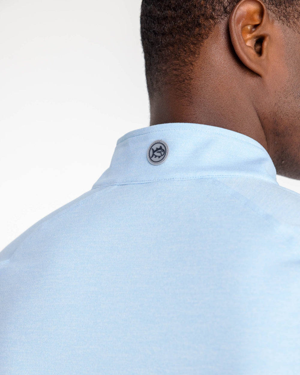 The yoke view of the Backbarrier Heather Performance Quarter Zip Pullover by Southern Tide - Heather Aquamarine