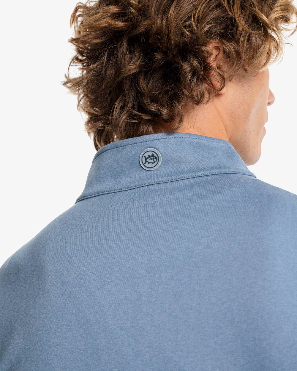 The yoke view of the Backbarrier Heather Performance Quarter Zip Pullover by Southern Tide - Heather Blue Haze