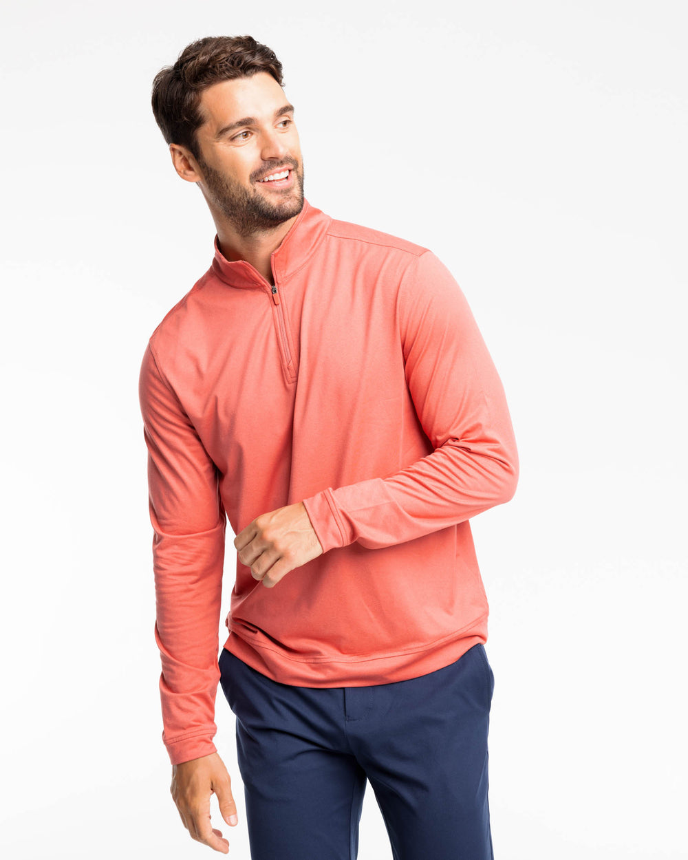 The front view of the Backbarrier Heather Performance Quarter Zip Pullover by Southern Tide - Heather Mineral Red
