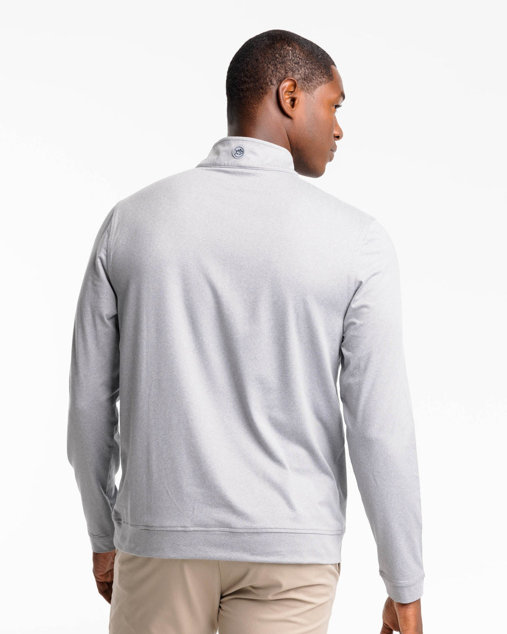 The back view of the Backbarrier Heather Performance Quarter Zip Pullover by Southern Tide - Heather Steel Grey