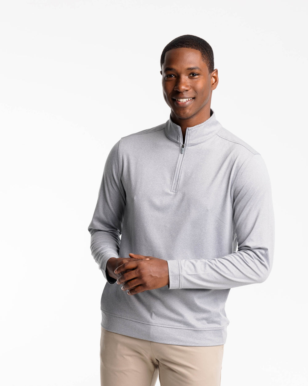 The front view of the Backbarrier Heather Performance Quarter Zip Pullover by Southern Tide - Heather Steel Grey