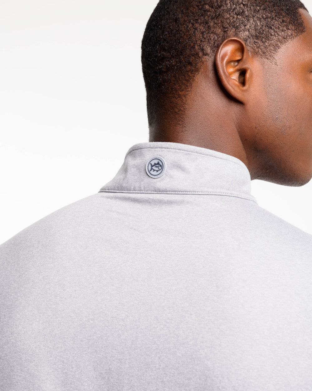 The yoke view of the Backbarrier Heather Performance Quarter Zip Pullover by Southern Tide - Heather Steel Grey