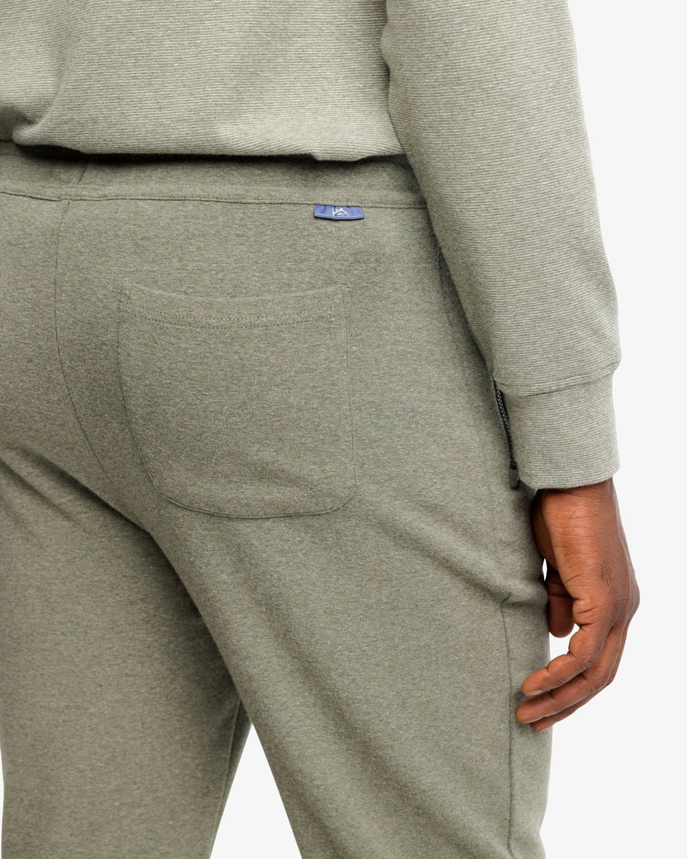 The detail view of the Backrush Heather Jogger by Southern Tide - Heather Hunter Green