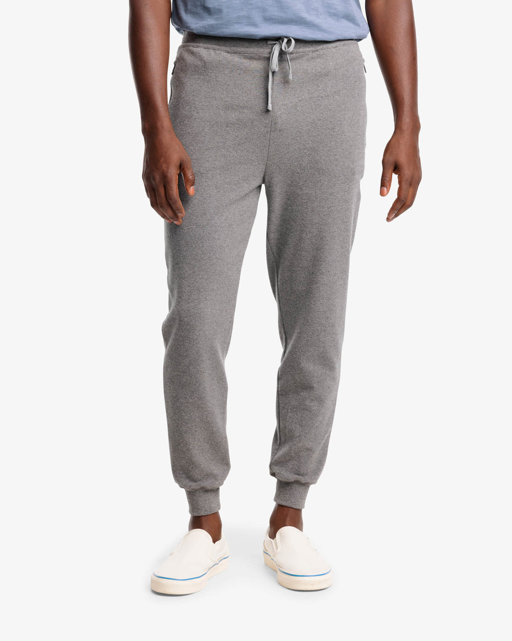 The front view of the Backrush Heather Jogger by Southern Tide - Heather Steel Grey