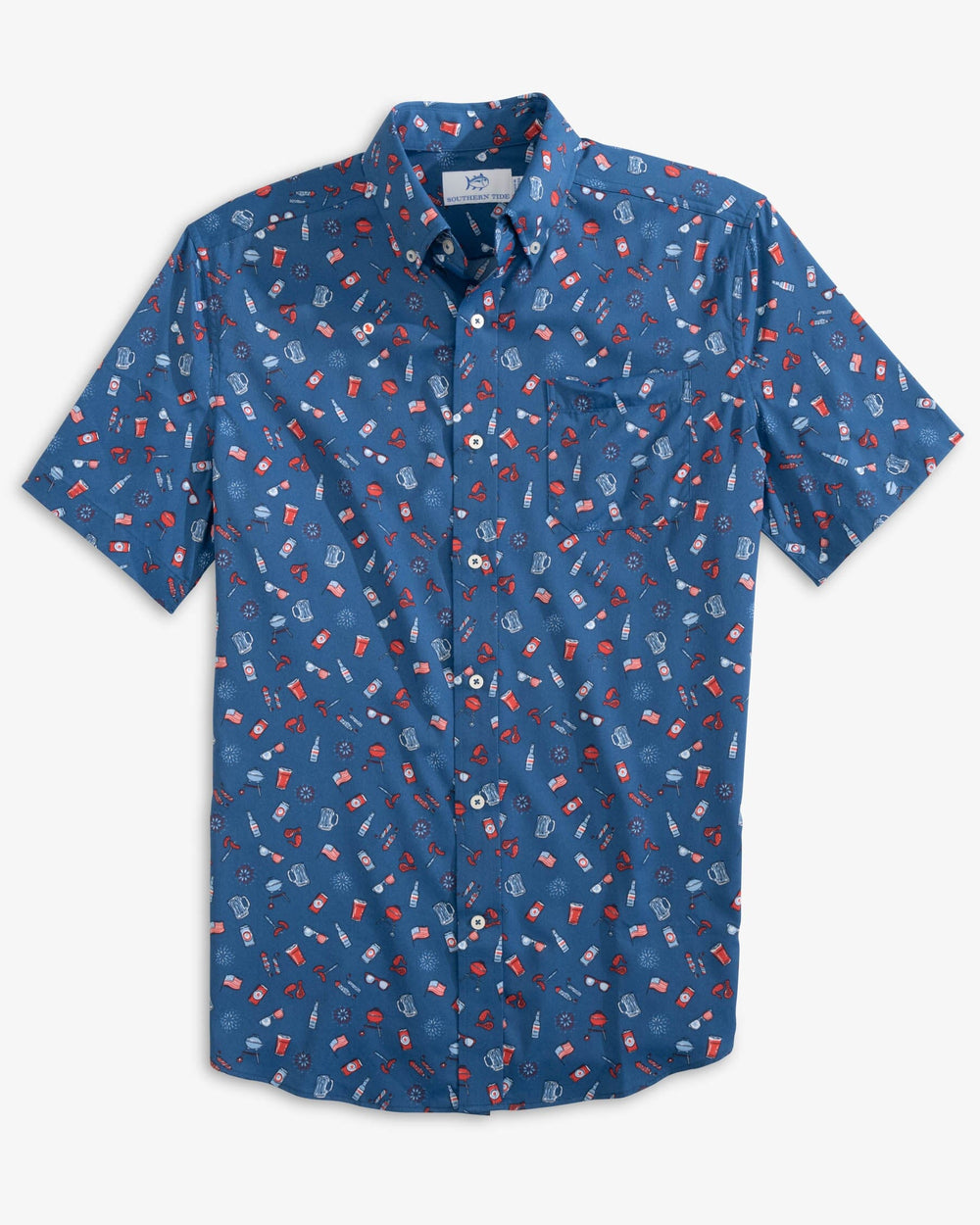The front view of the Southern Tide Backyard BBQ Intercoastal Long Sleeve Button Down Sport Shirt by Southern Tide - Atlantic Blue