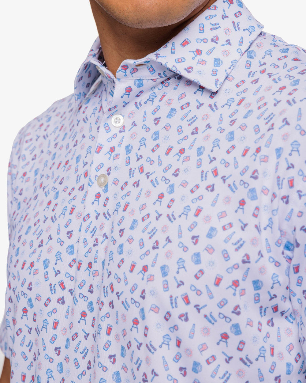 The detail view of the Southern Tide Backyard BBQ Polo Shirt by Southern Tide - Classic White