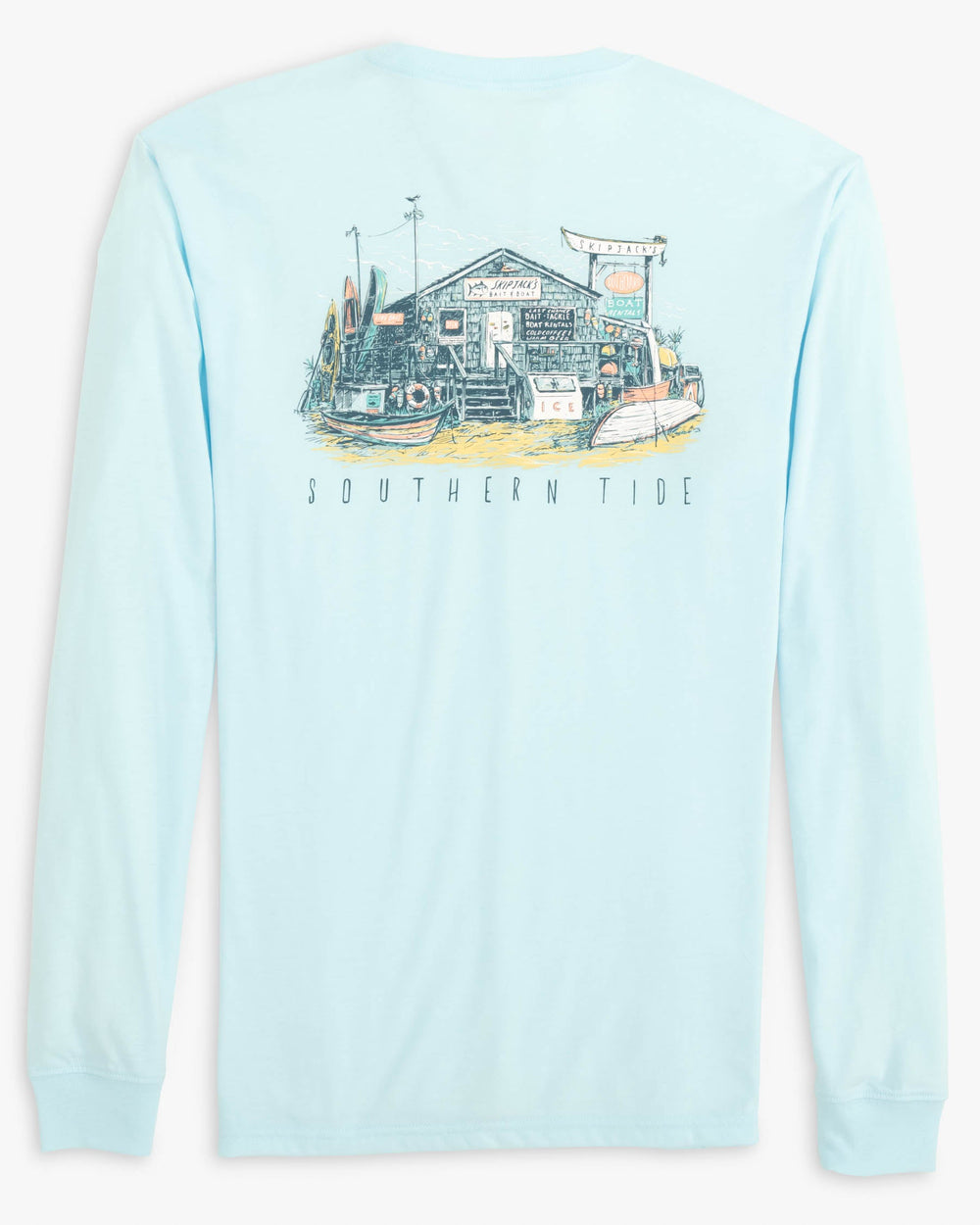 The back view of the Bait Shop Long Sleeve T-Shirt by Southern Tide - Iced Aqua