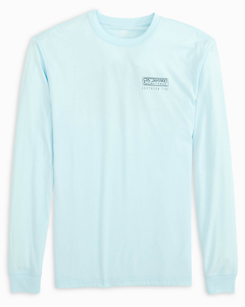 The front view of the Bait Shop Long Sleeve T-Shirt by Southern Tide - Iced Aqua