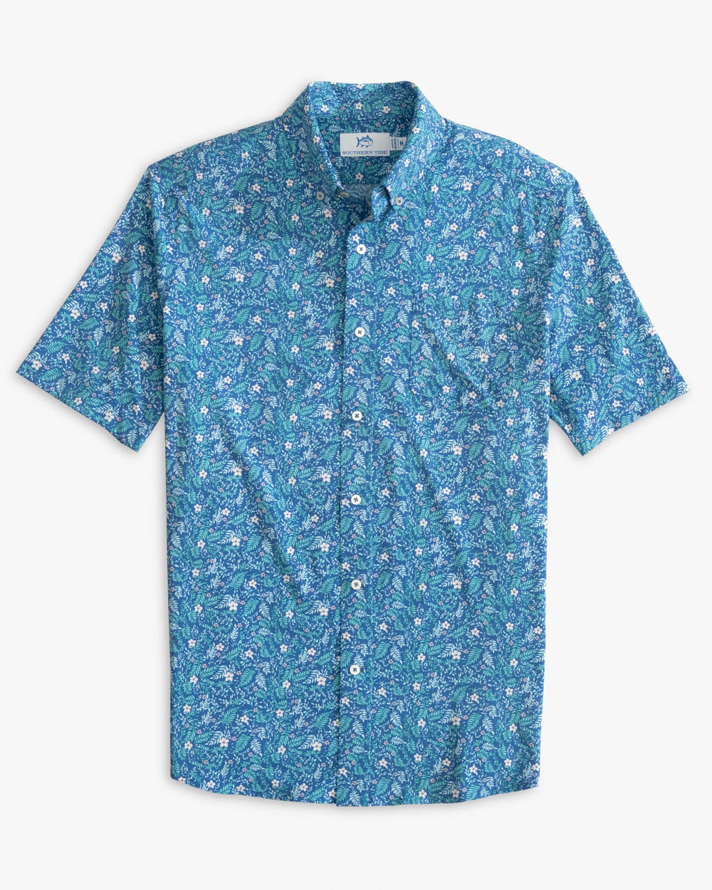The front view of the Southern Tide Barely Botanical Intercoastal Short Sleeve Button Down Shirt by Southern Tide - Atlantic Blue
