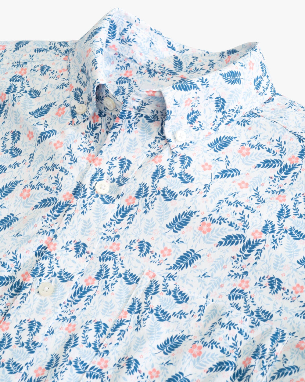 The detail view of the Southern Tide Barely Botanical Intercoastal Short Sleeve Button Down Shirt by Southern Tide - Classic White