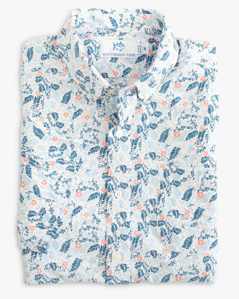 The fold view of the Southern Tide Barely Botanical Intercoastal Short Sleeve Button Down Shirt by Southern Tide - Classic White