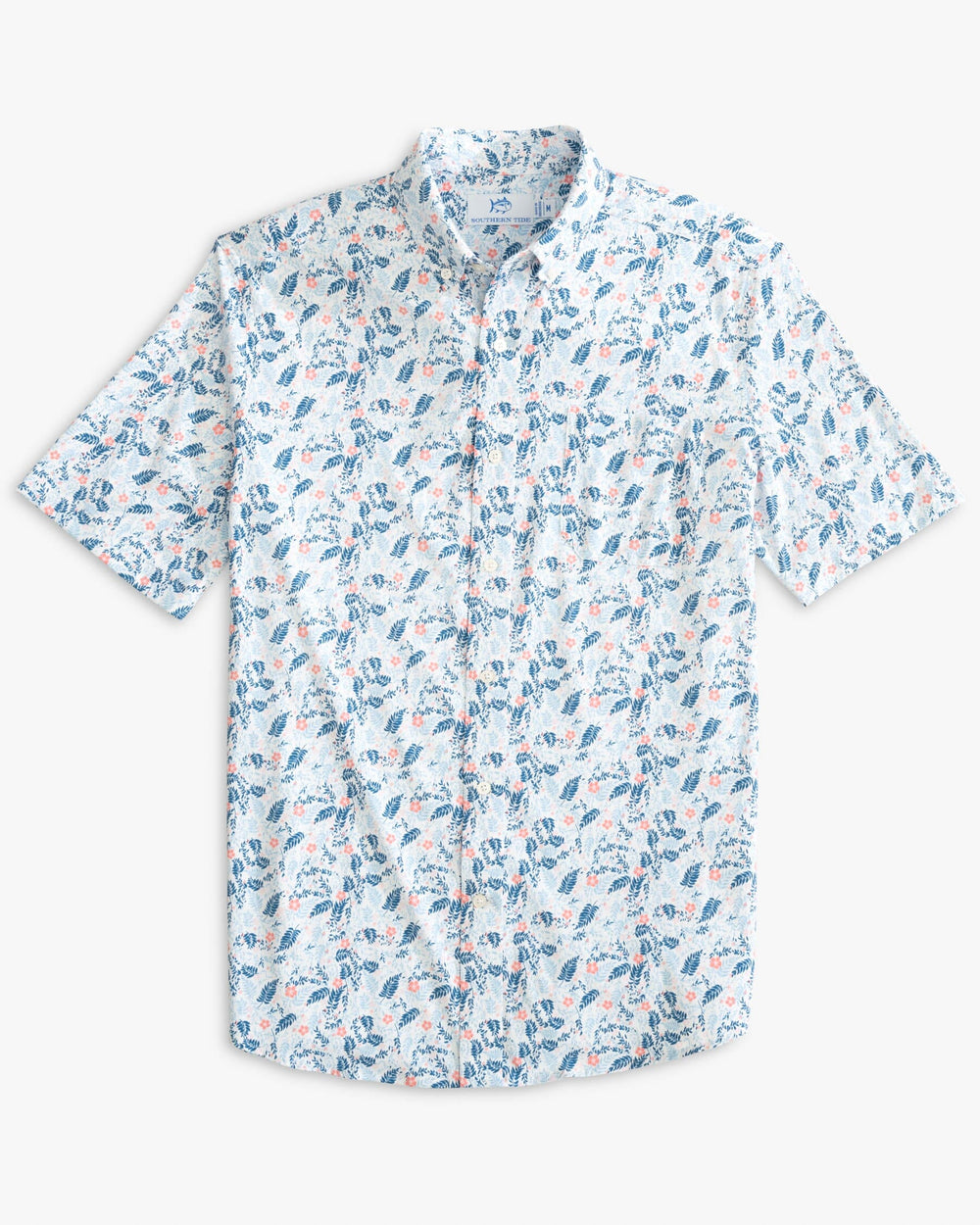 The front view of the Southern Tide Barely Botanical Intercoastal Short Sleeve Button Down Shirt by Southern Tide - Classic White
