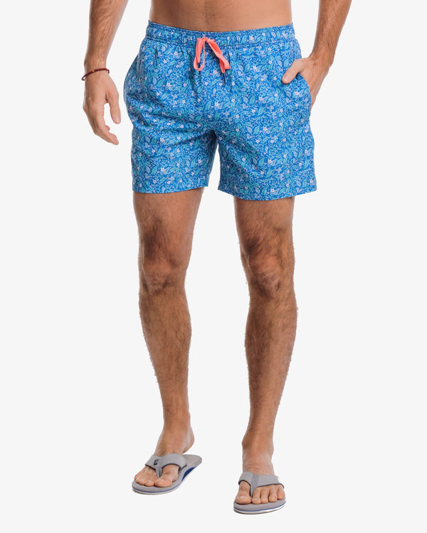 The front view of the Southern Tide Barely Botanical Printed Swim Trunk by Southern Tide - Atlantic Blue